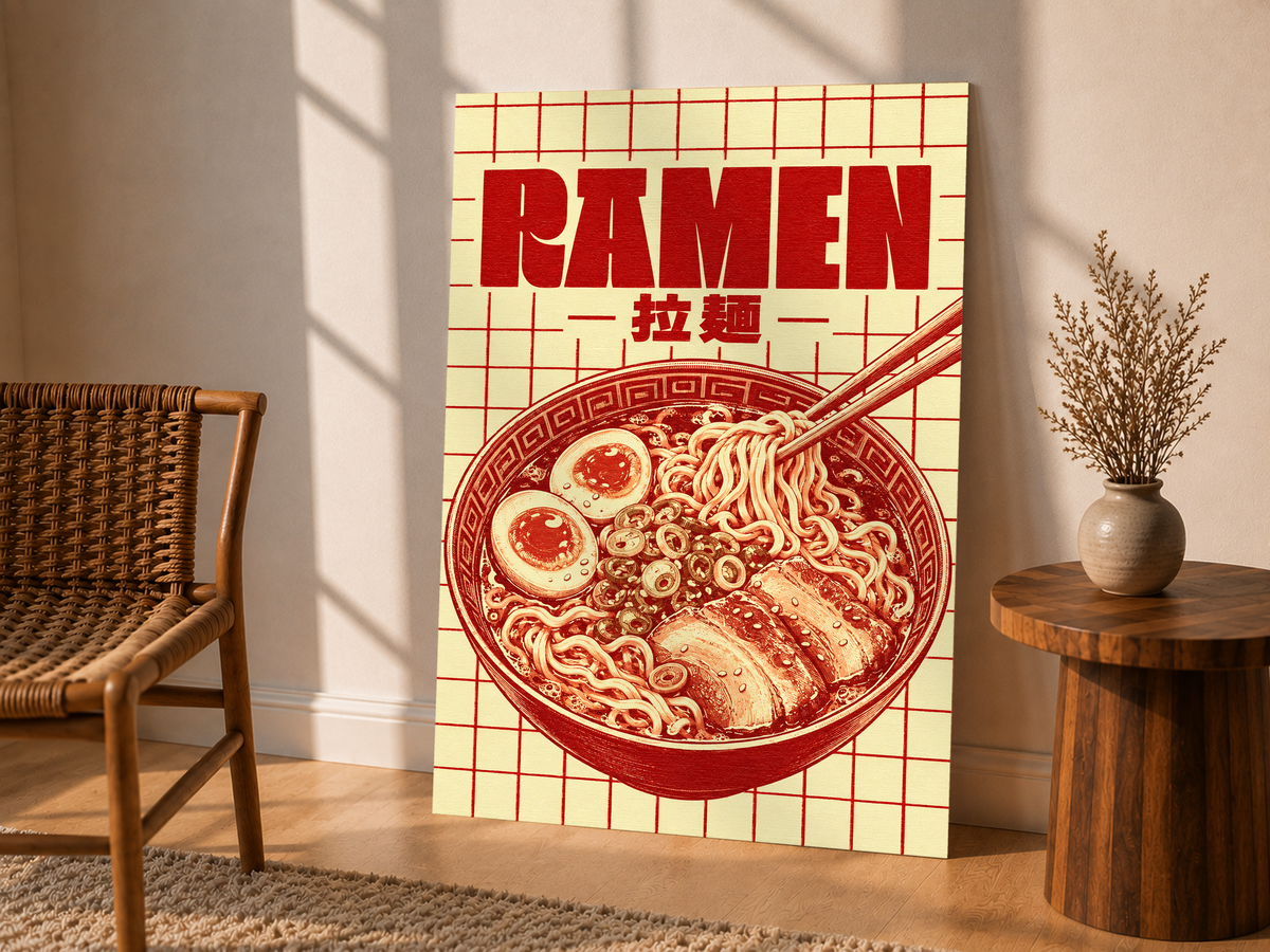 Ramen poster with red grid, bowl of noodles, chopsticks, and bold typography