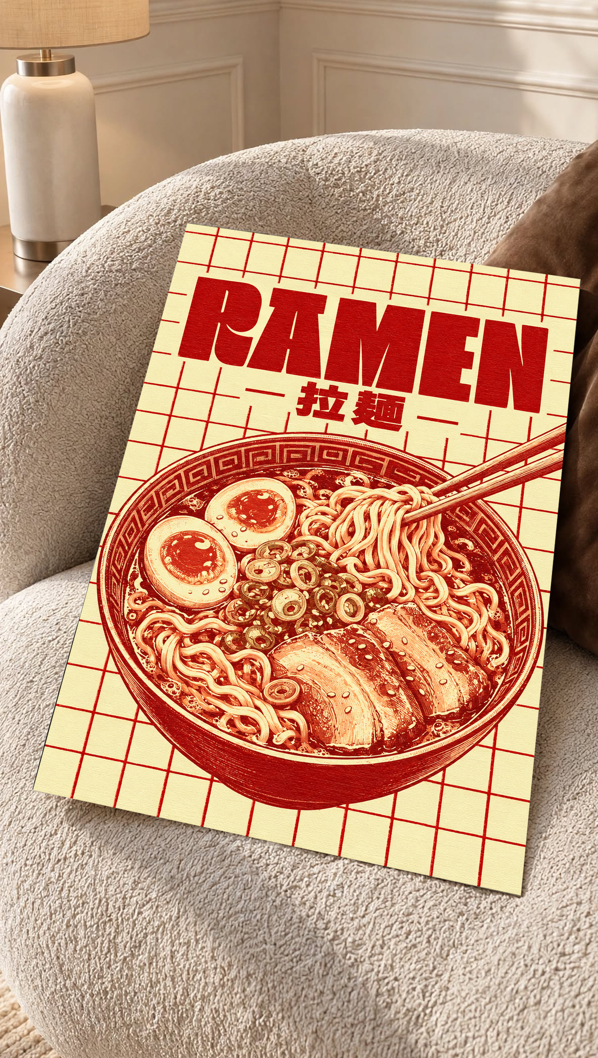 Framed ramen grid poster with “RAMEN” headline, chopsticks, and a red bowl of noodles illustration.