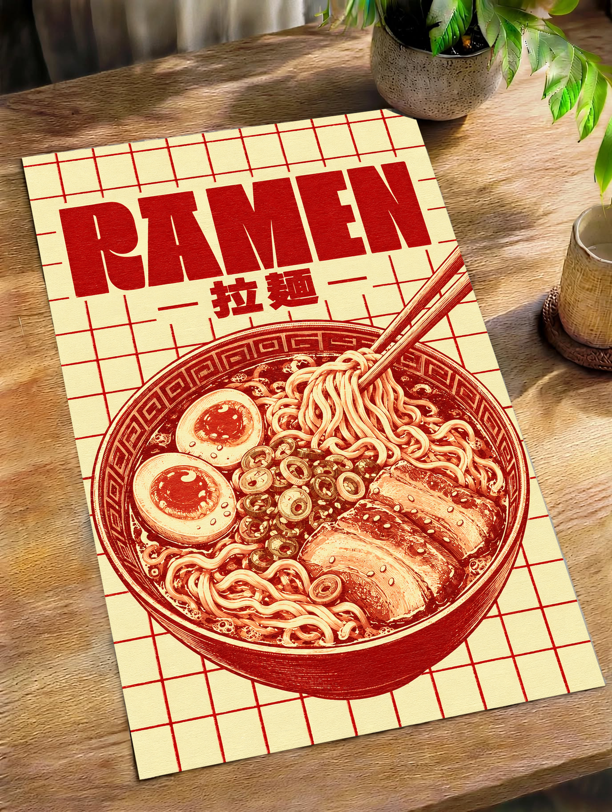 Framed ramen grid poster featuring a red noodle bowl, chopsticks, and large “RAMEN” lettering.