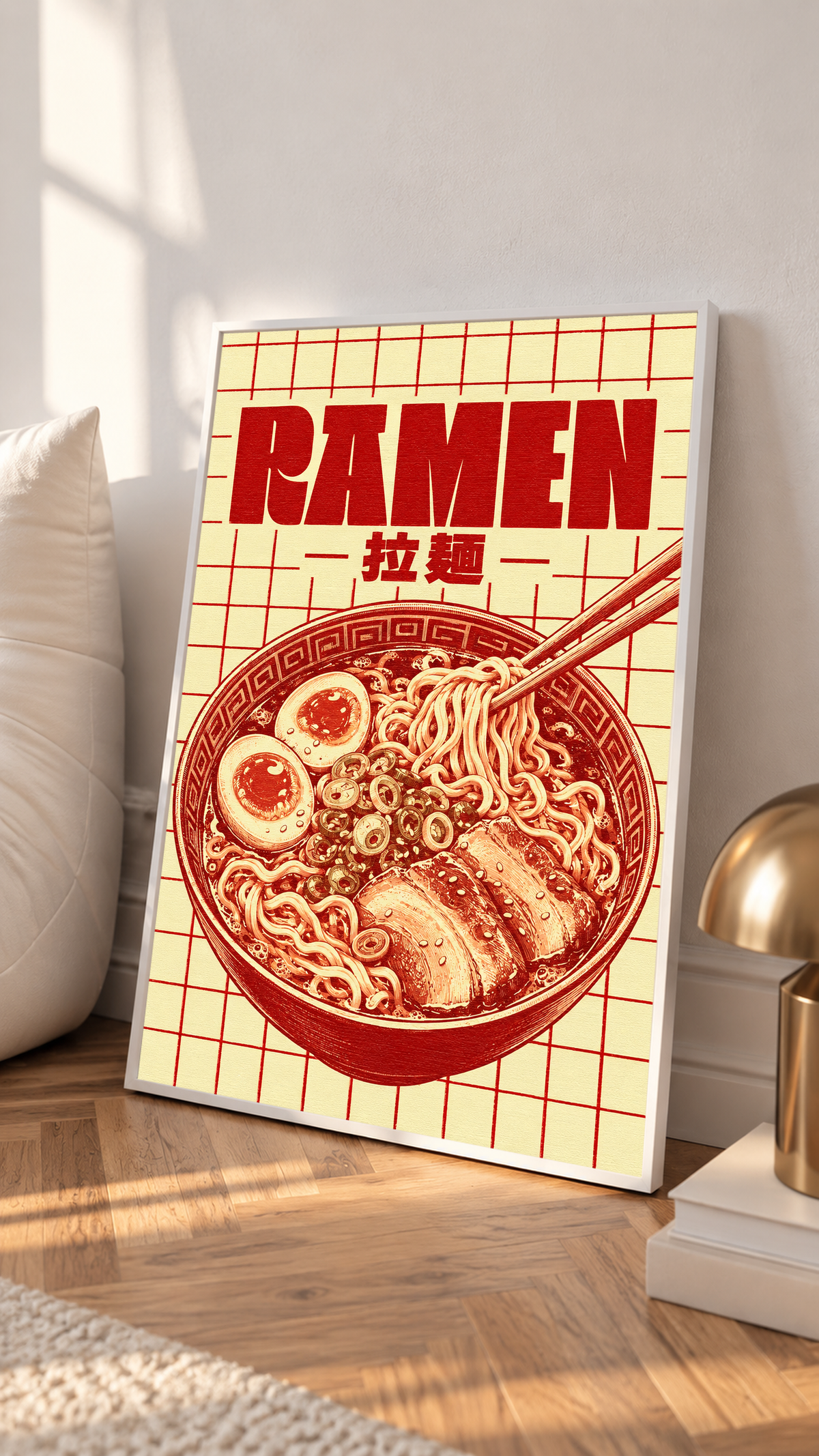 Framed ramen grid poster with bold “RAMEN” text, red noodle bowl, and chopsticks detail.