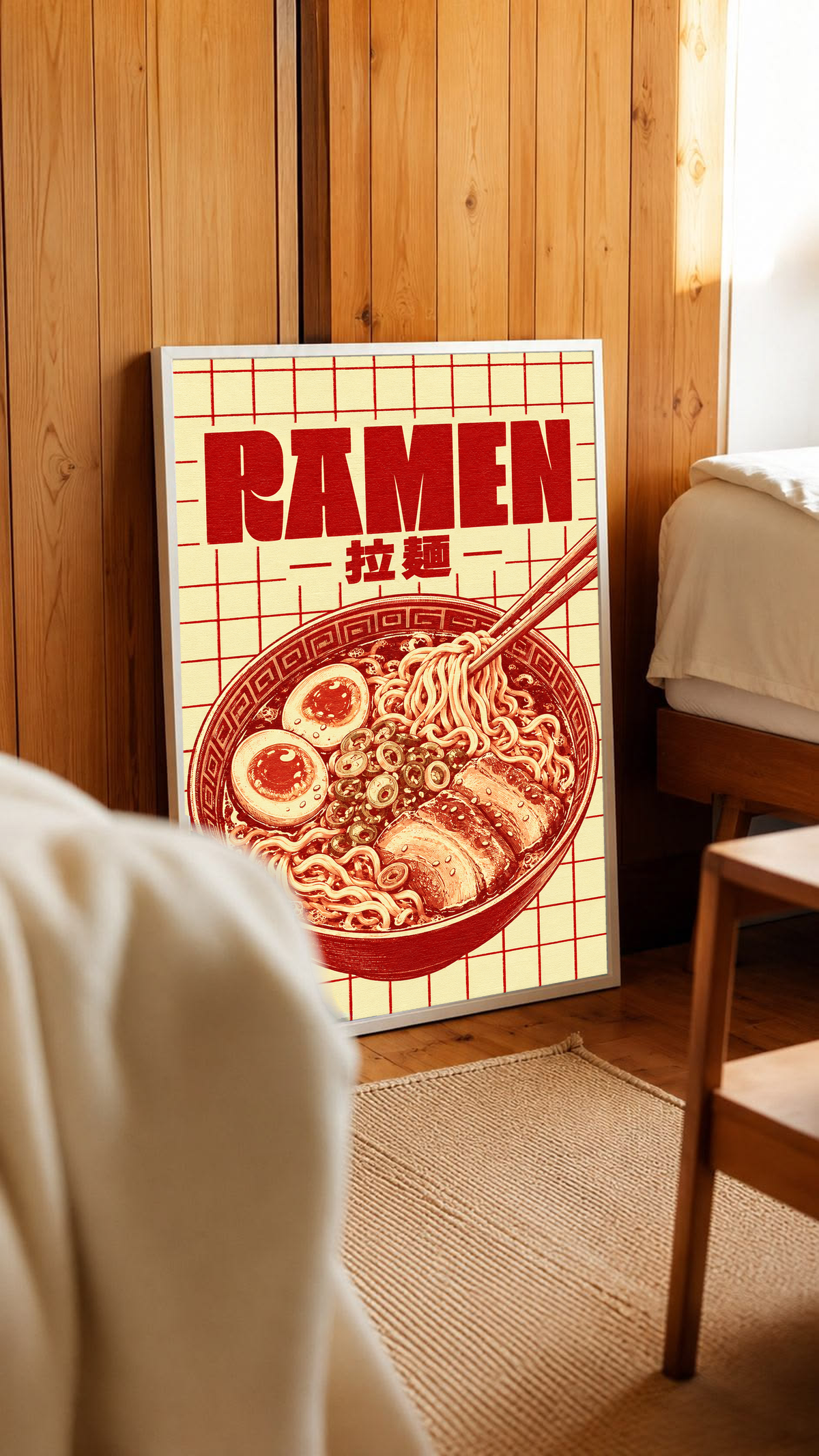 Framed ramen grid poster with bold “RAMEN” headline, chopsticks, and red noodle bowl artwork.