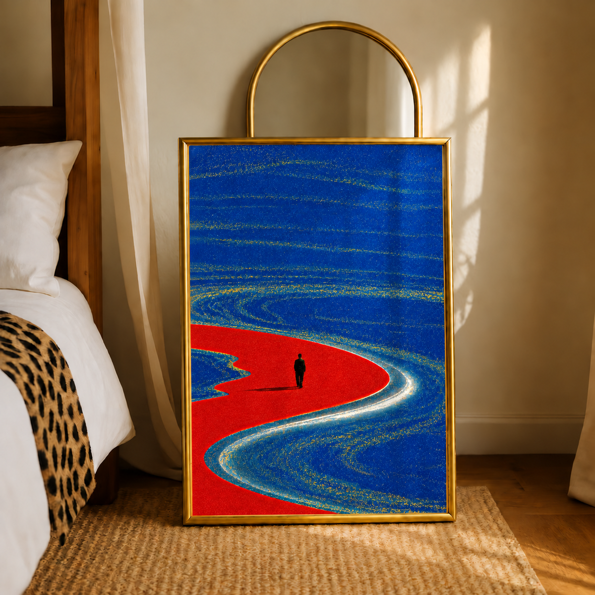 Framed abstract landscape wall art with blue waves and red shoreline, lone figure