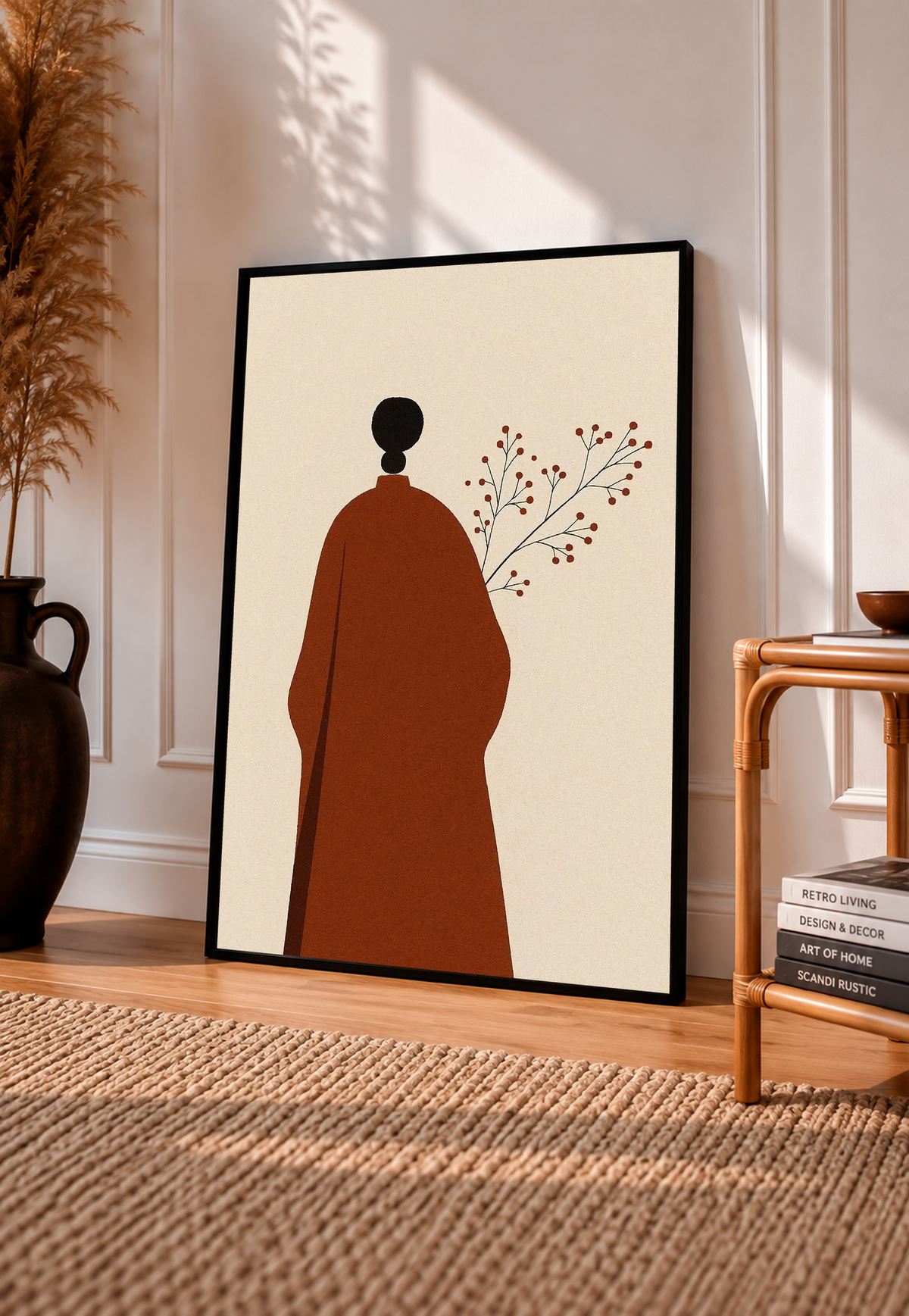 Cream art print with red robed figure silhouette, black head, and delicate branch in black frame