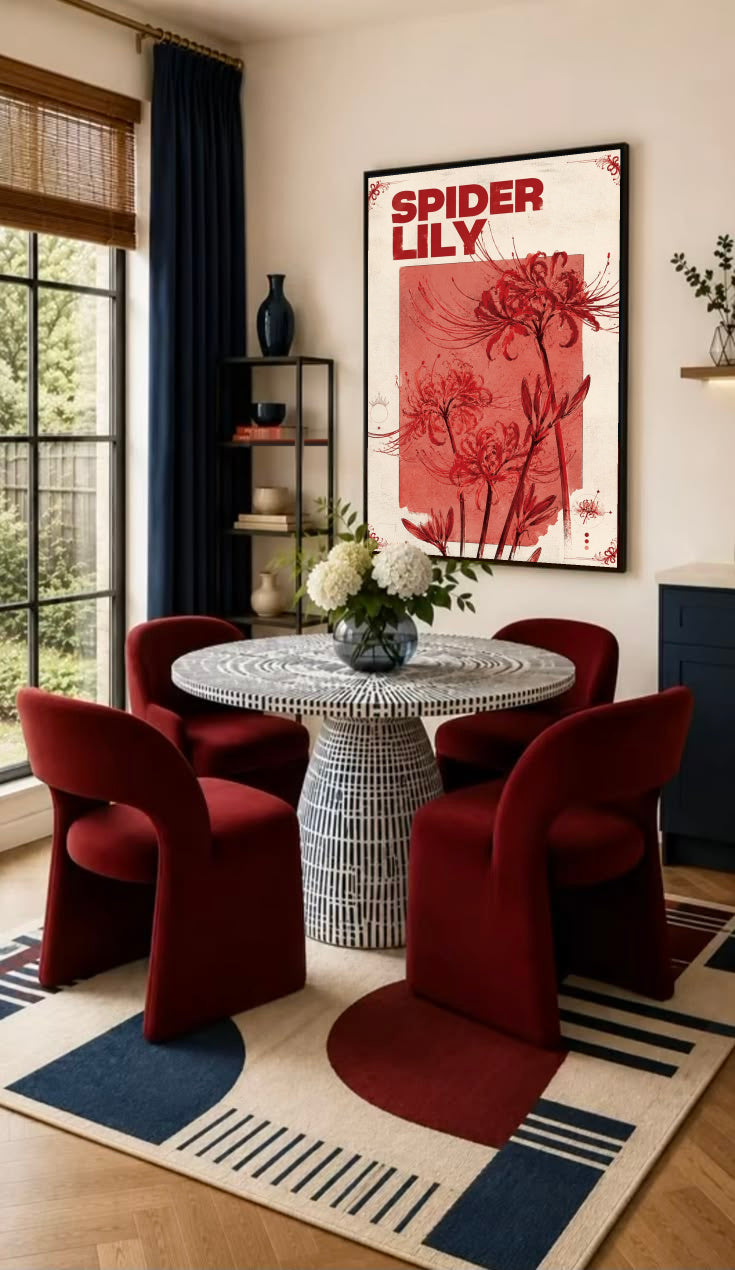 Framed spider lily botanical print with red floral lettering on cream background