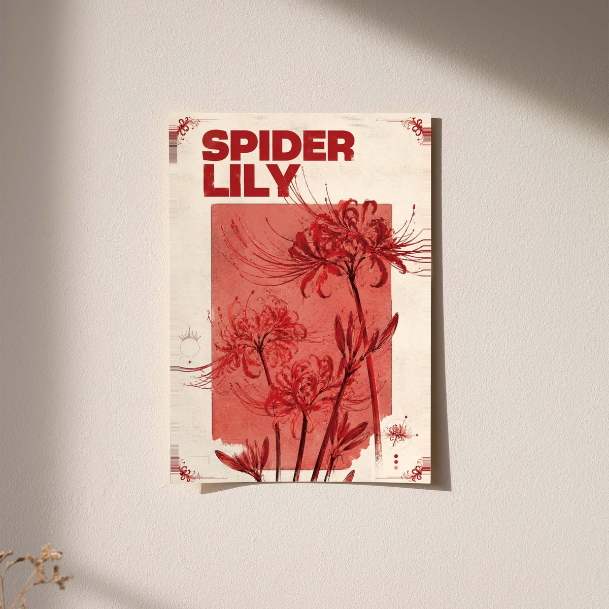 Red spider lily flowers and the words SPIDER LILY in a vintage cream and red botanical design displayed without a visible frame on a softly lit pale wall