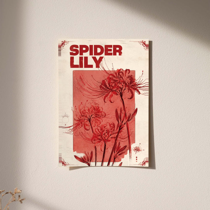 Red spider lily flowers and the words SPIDER LILY in a vintage cream and red botanical design displayed without a visible frame on a softly lit pale wall