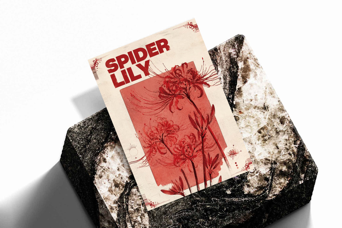 Red spider lily flowers and the words SPIDER LILY in a vintage cream and red botanical design as an unframed print resting at an angle on a dark stone display