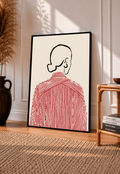 Framed back-view shirt line art print with red striped shirt on cream background