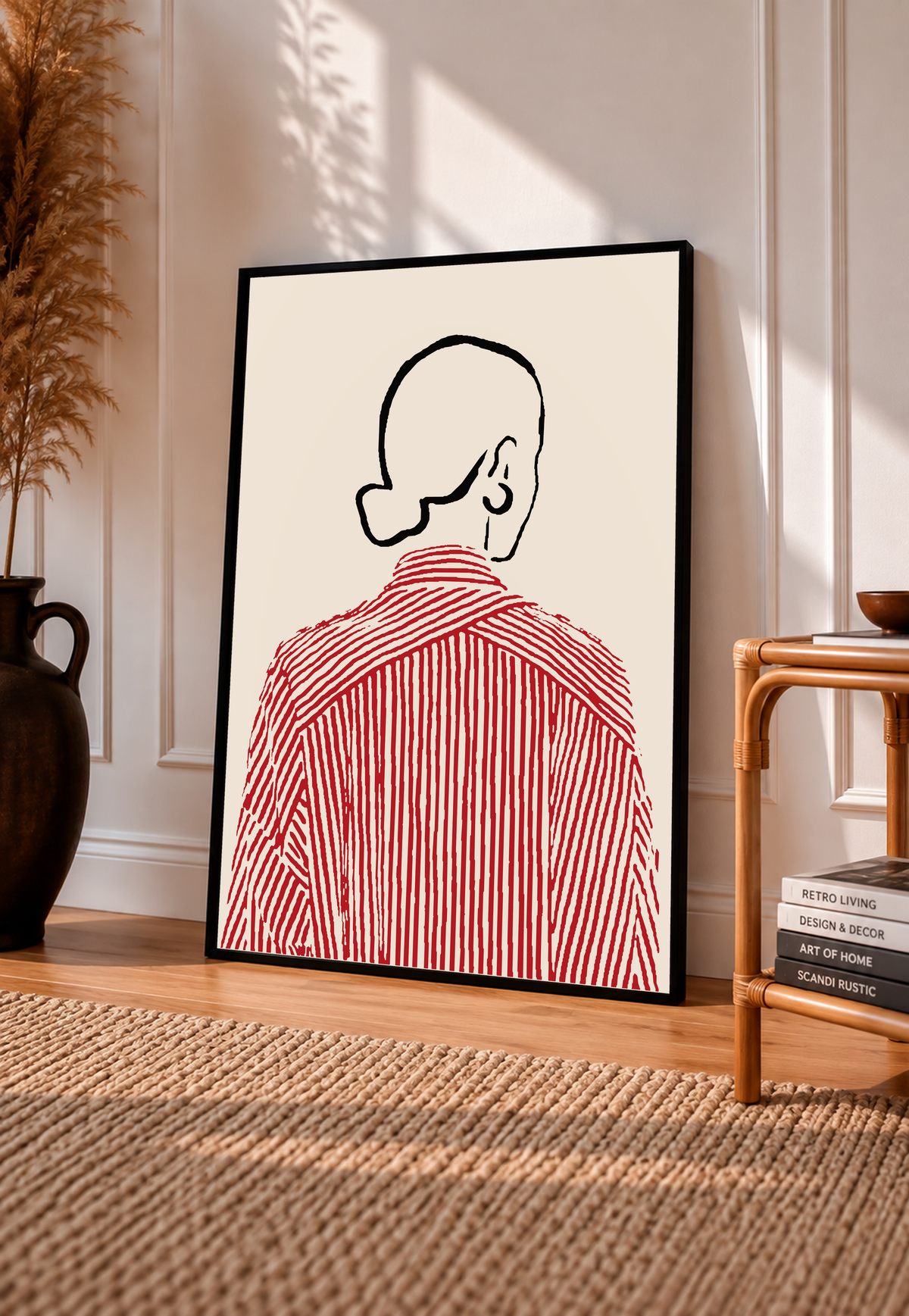 Framed back-view shirt line art print with red striped shirt on cream background