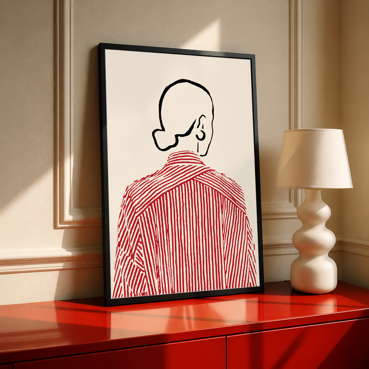 Framed back-view shirt line art print, red striped shirt illustration on cream