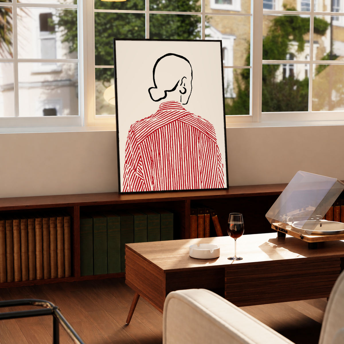 Framed back-view shirt line art print with red striped shirt, cream canvas
