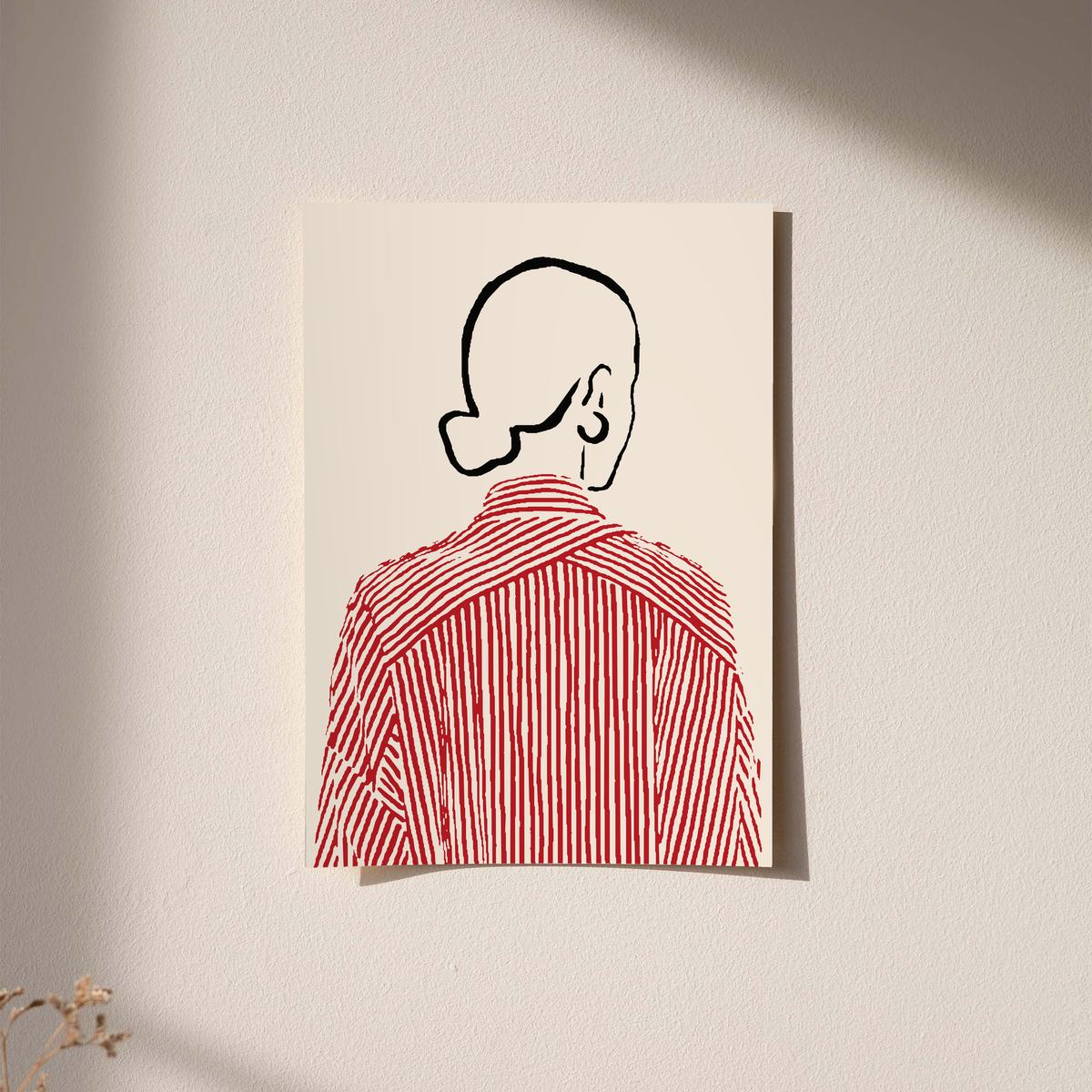 Cream-backed back-view shirt line art print in light wood frame