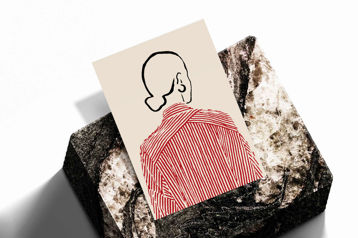 Unframed back-view shirt line art print with red striped shirt on cream