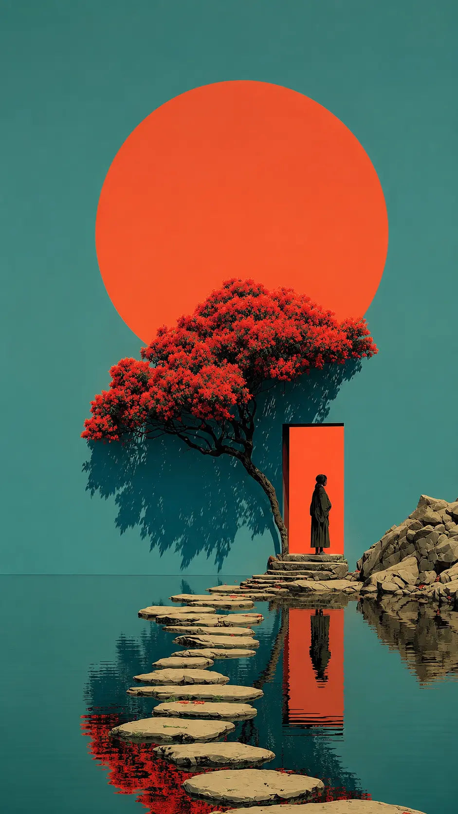 Zen tree art print close-up with red sun, silhouetted figure, and water reflection