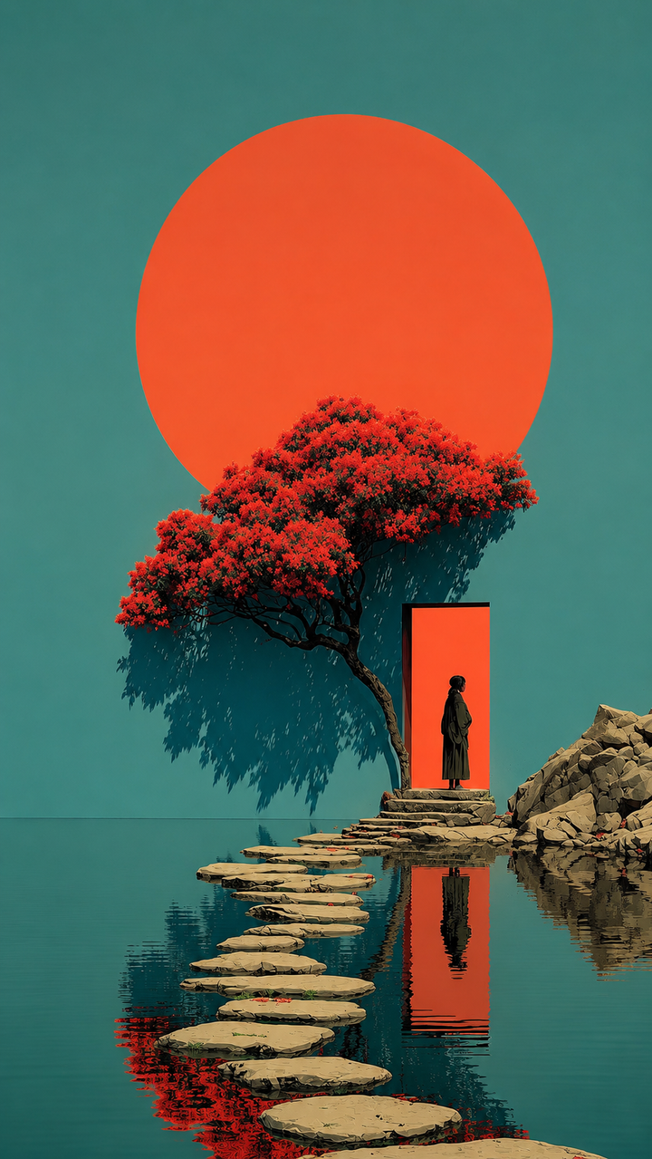 Red Sun Zen Tree Art Print featuring a windswept black tree beneath a large red sun on a cream background