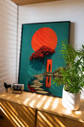 Framed art print with teal sky, red sun, zen tree, and reflection walkway