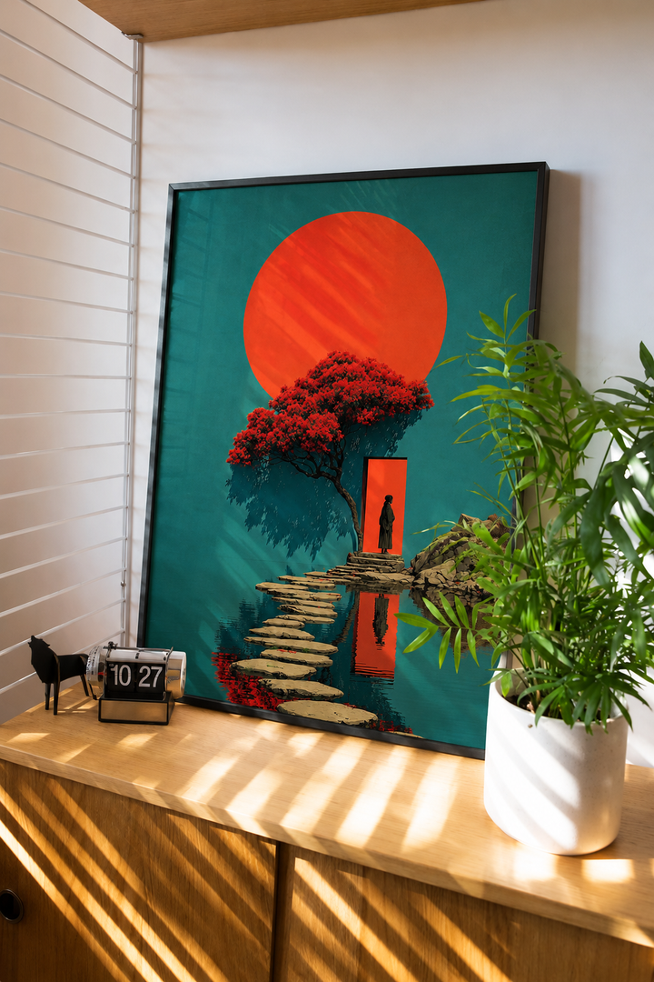 Red Sun Zen Tree Art Print displayed in a calm modern interior with minimal Japanese-inspired decor