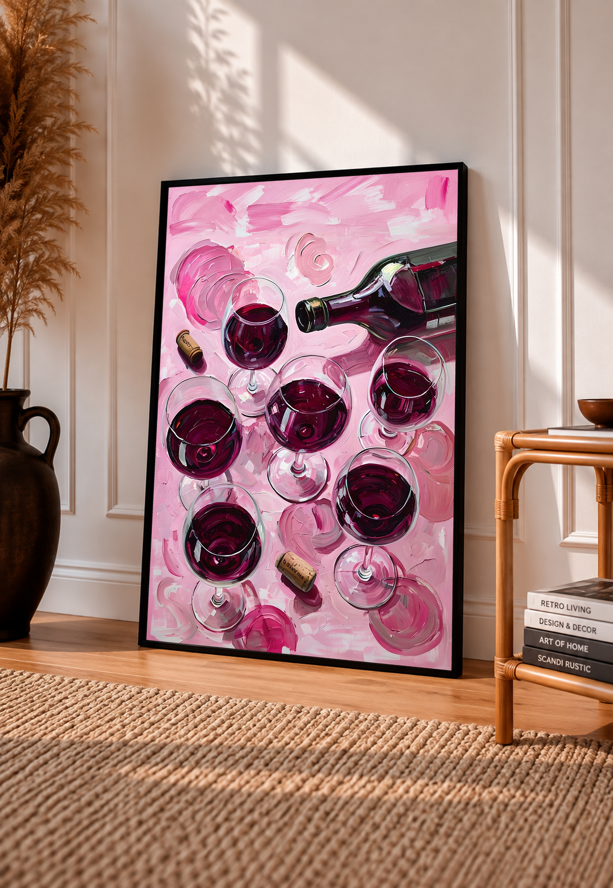 Framed wine glass and bottle art print with pink abstract shapes