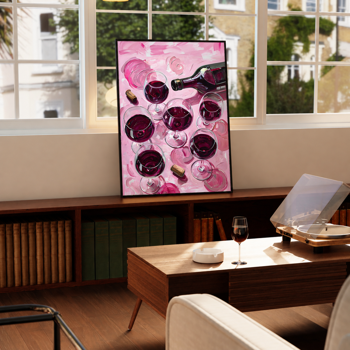 Black-framed wine glass and bottle art print with pink abstract pattern
