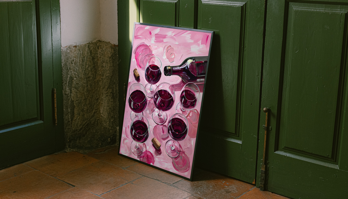 Wine glass and bottle art print on pink, leaning near green doors