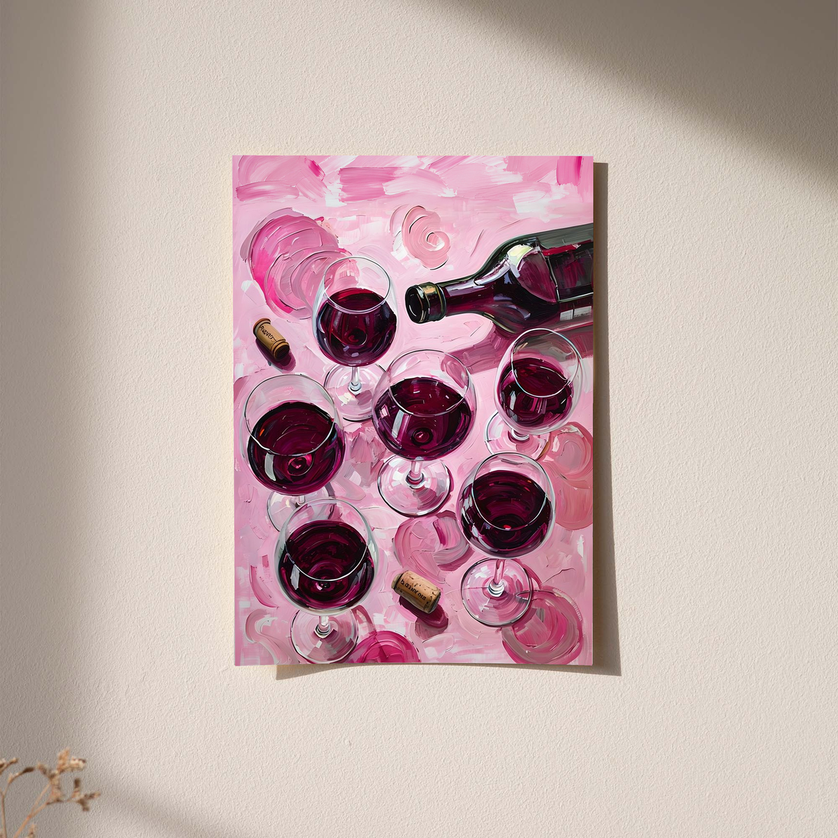 Wine glass and bottle art print on pink, unframed