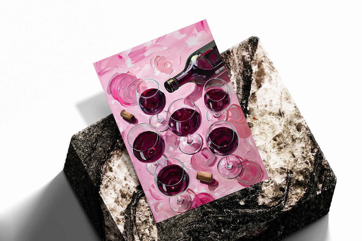 Unframed wine glass and bottle art print on pink background