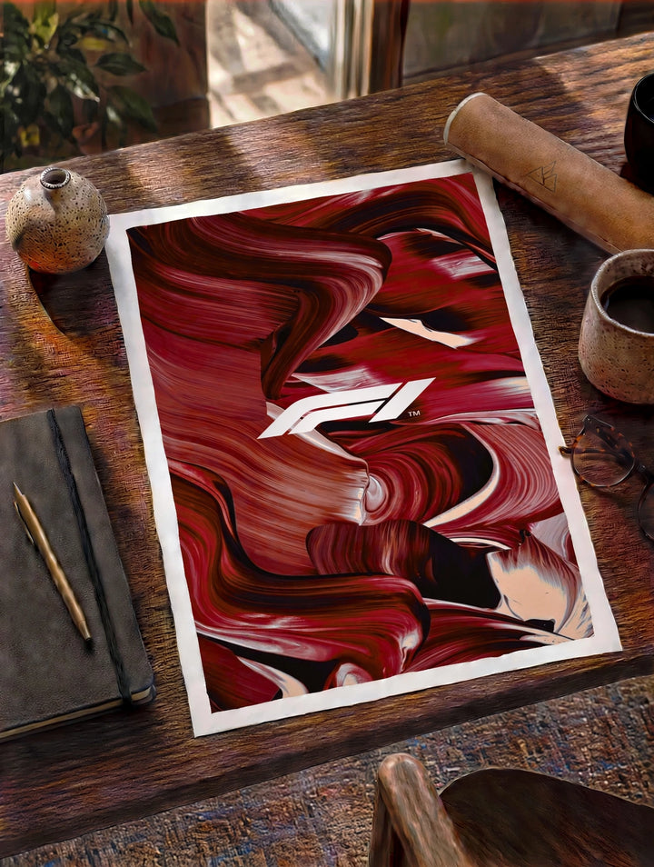 Modern Formula 1 inspired art print with flowing crimson textures, abstract racing movement, and a contemporary motorsport composition.