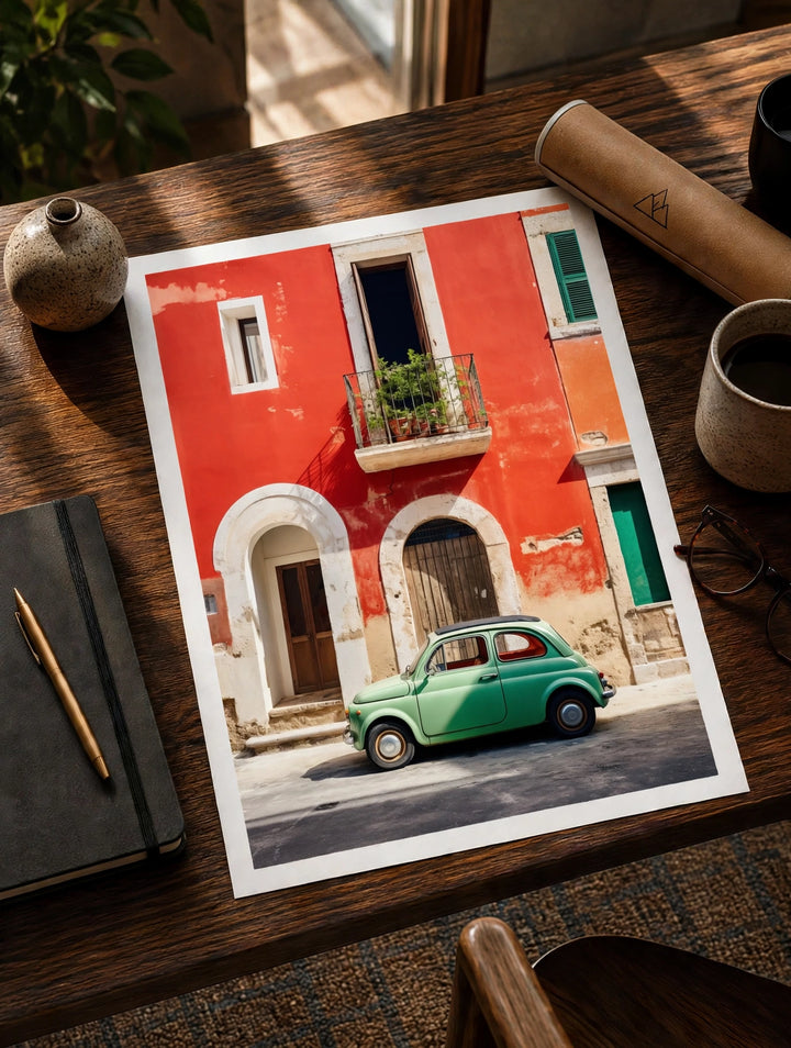 Vintage Italian Car Print featuring traditional Italian façades, balconies with flowers, and a vintage green automobile.