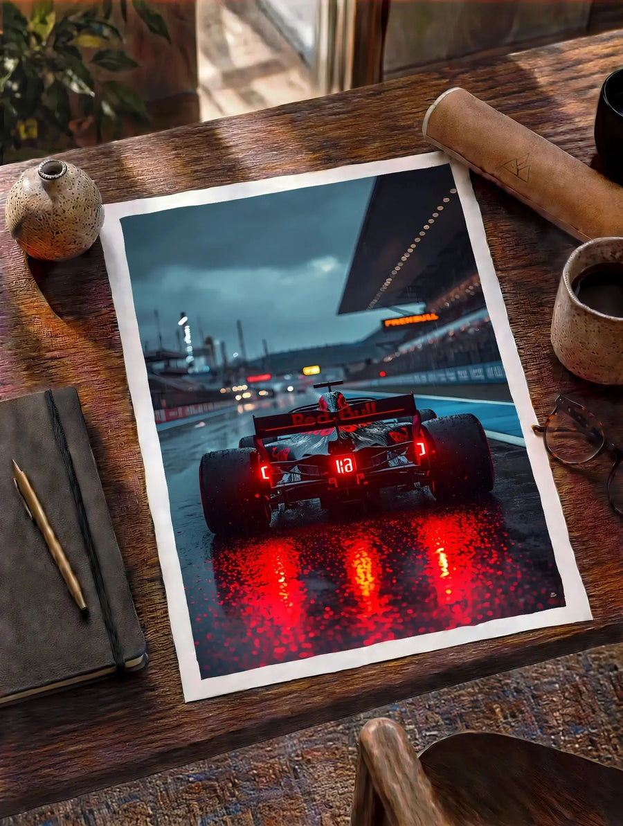 Night Formula car art print on wooden tabletop with hands unrolling the paper