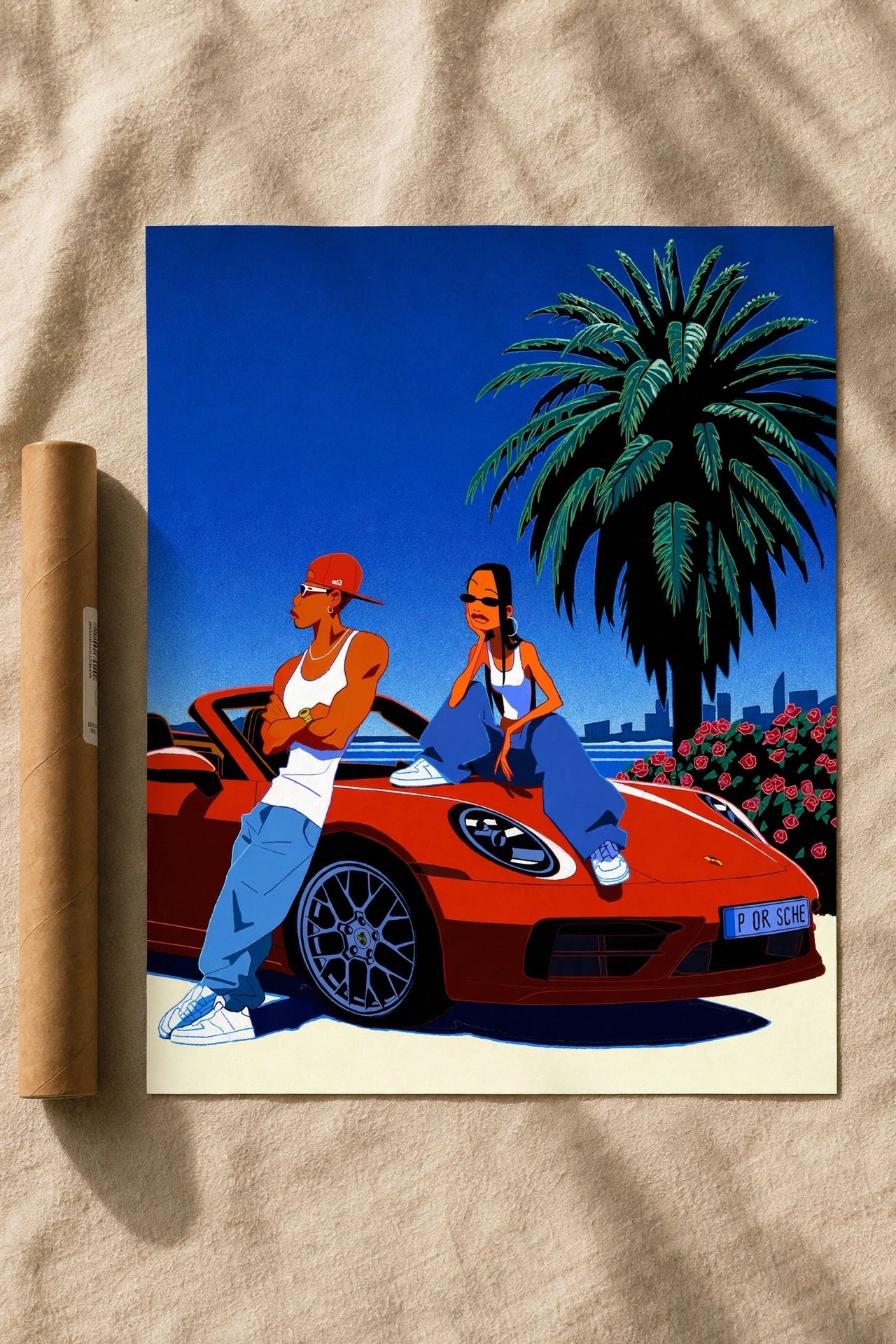 Square red sports car wall print featuring two figures, palm tree and flowers