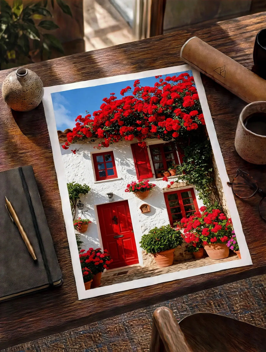 Wall art print showing red flower house with red doors and windows