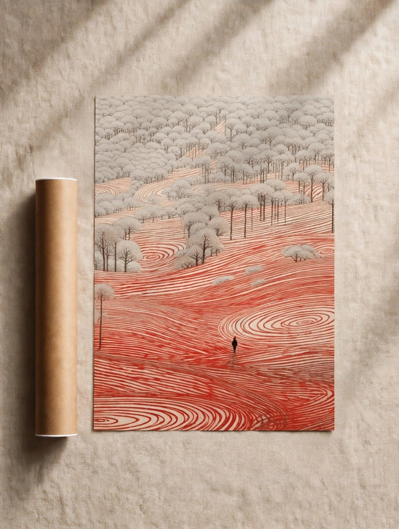 Red landscape print with contour-like red hills, trees, and clouds