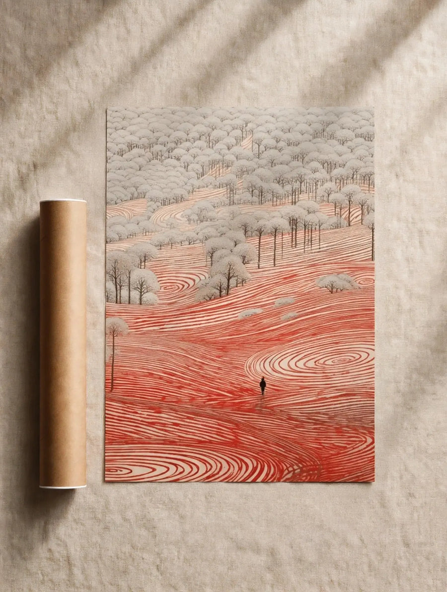 Red landscape print with contour-like red hills, trees, and clouds