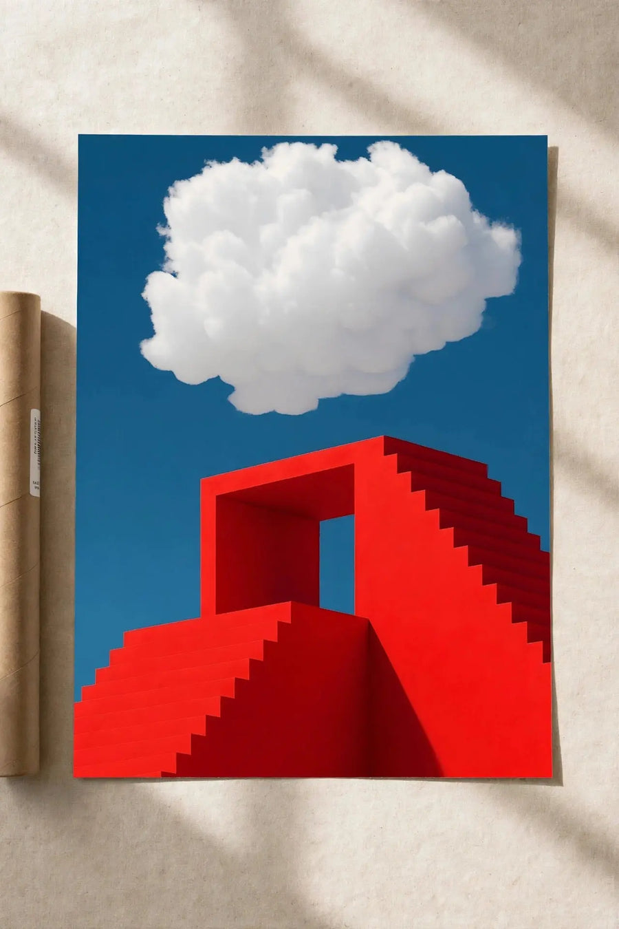 Architectural print: red and blue geometric building with white cloud-like form
