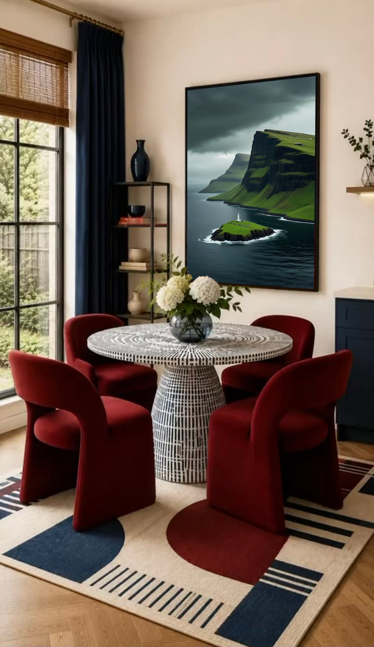Framed lighthouse cliff landscape wall art with green island and dark sea