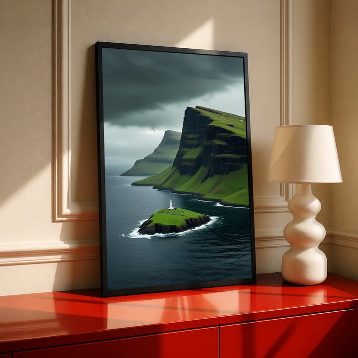 Framed lighthouse cliff landscape print with green cliffs, dark sea, cloudy sky