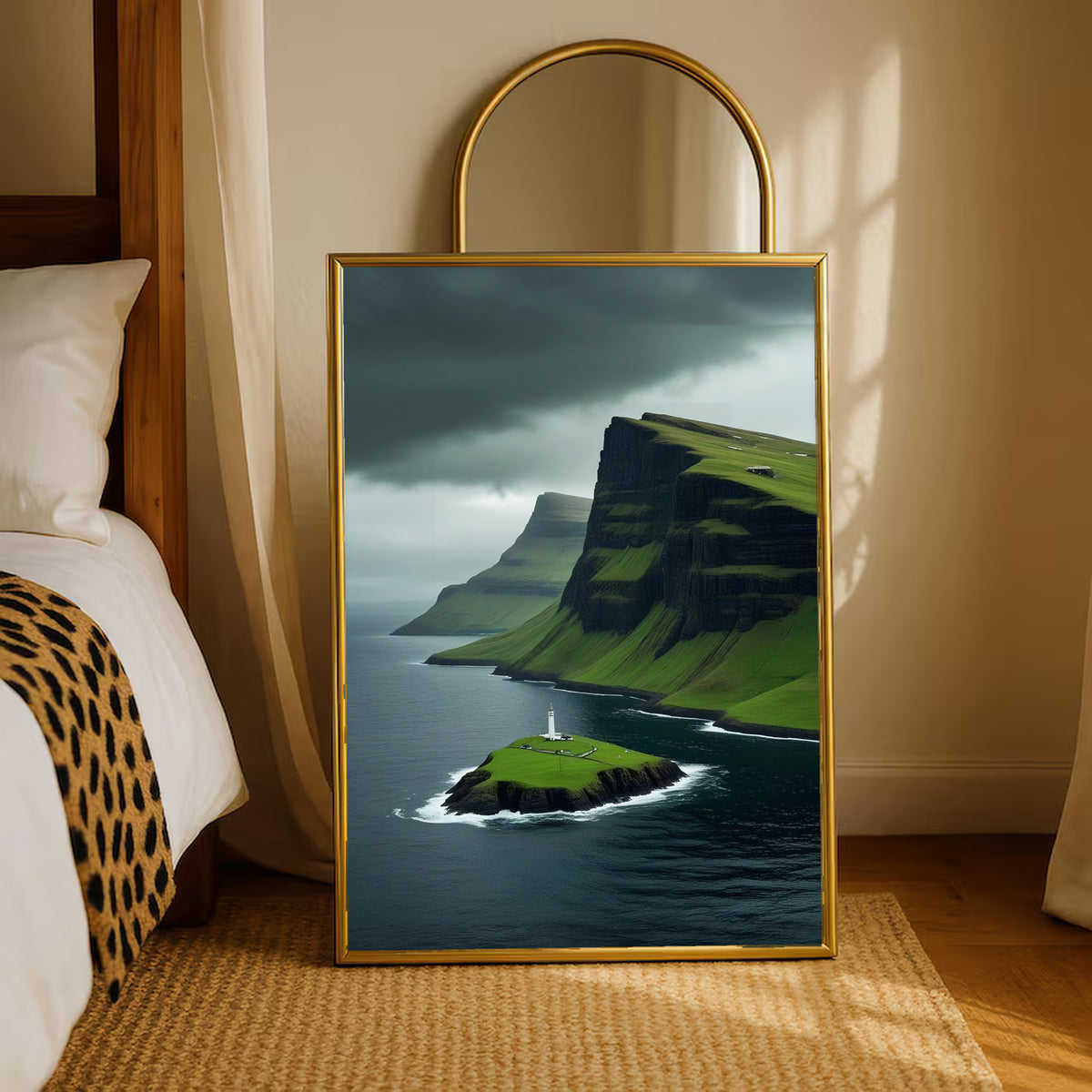 Gold-framed lighthouse cliff landscape print with green islet and dark sea on carpet