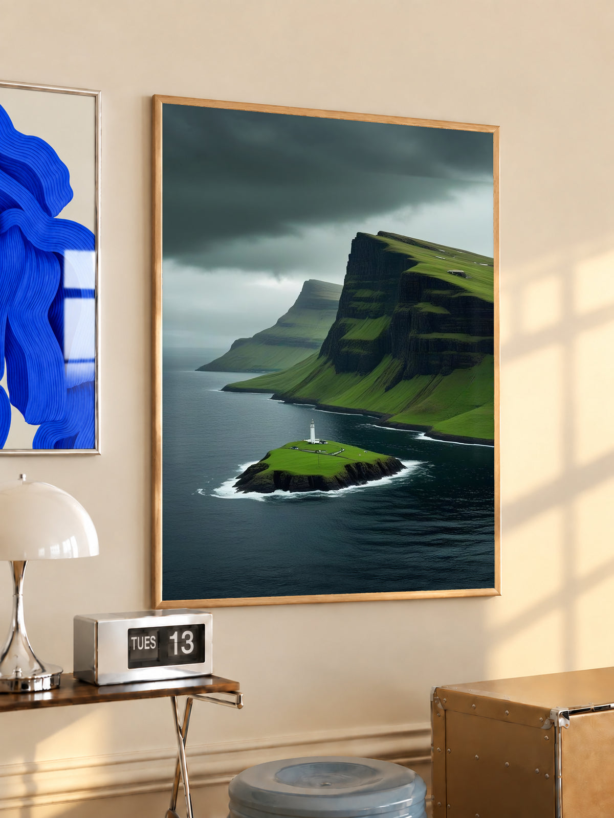 Wood-framed lighthouse cliff landscape print with green cliffs, dark sea, overcast sky