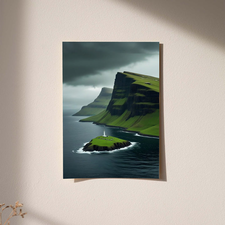 Lighthouse cliff landscape print on light wall with green islet, dark sea, storm clouds