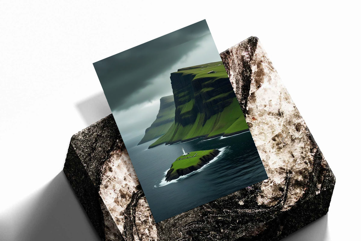 Lighthouse cliff landscape canvas print with green islet and dark sea, leaning against doors
