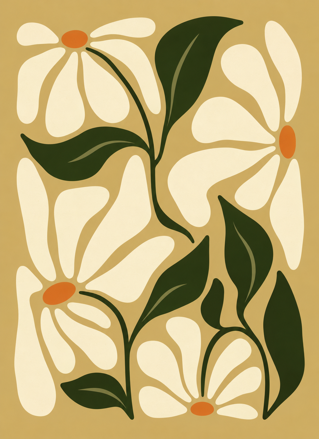 Retro daisy floral wall art poster with white flowers and warm ochre centers