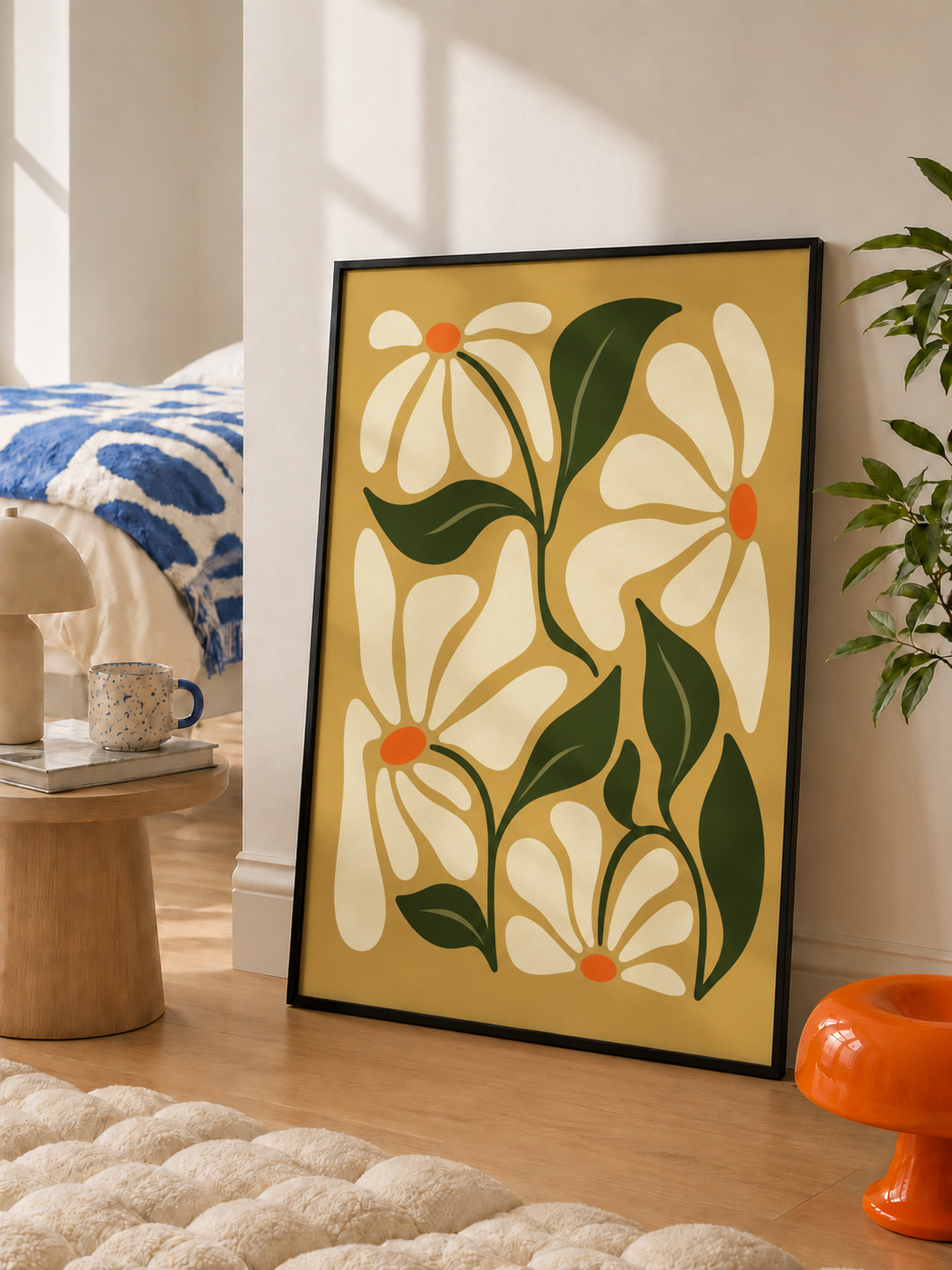 Retro daisy floral wall art displayed in a warm contemporary living room