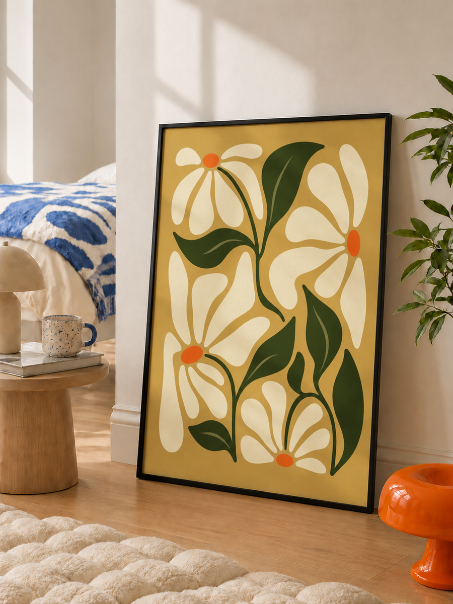 Retro daisy floral wall art displayed in a warm contemporary living room