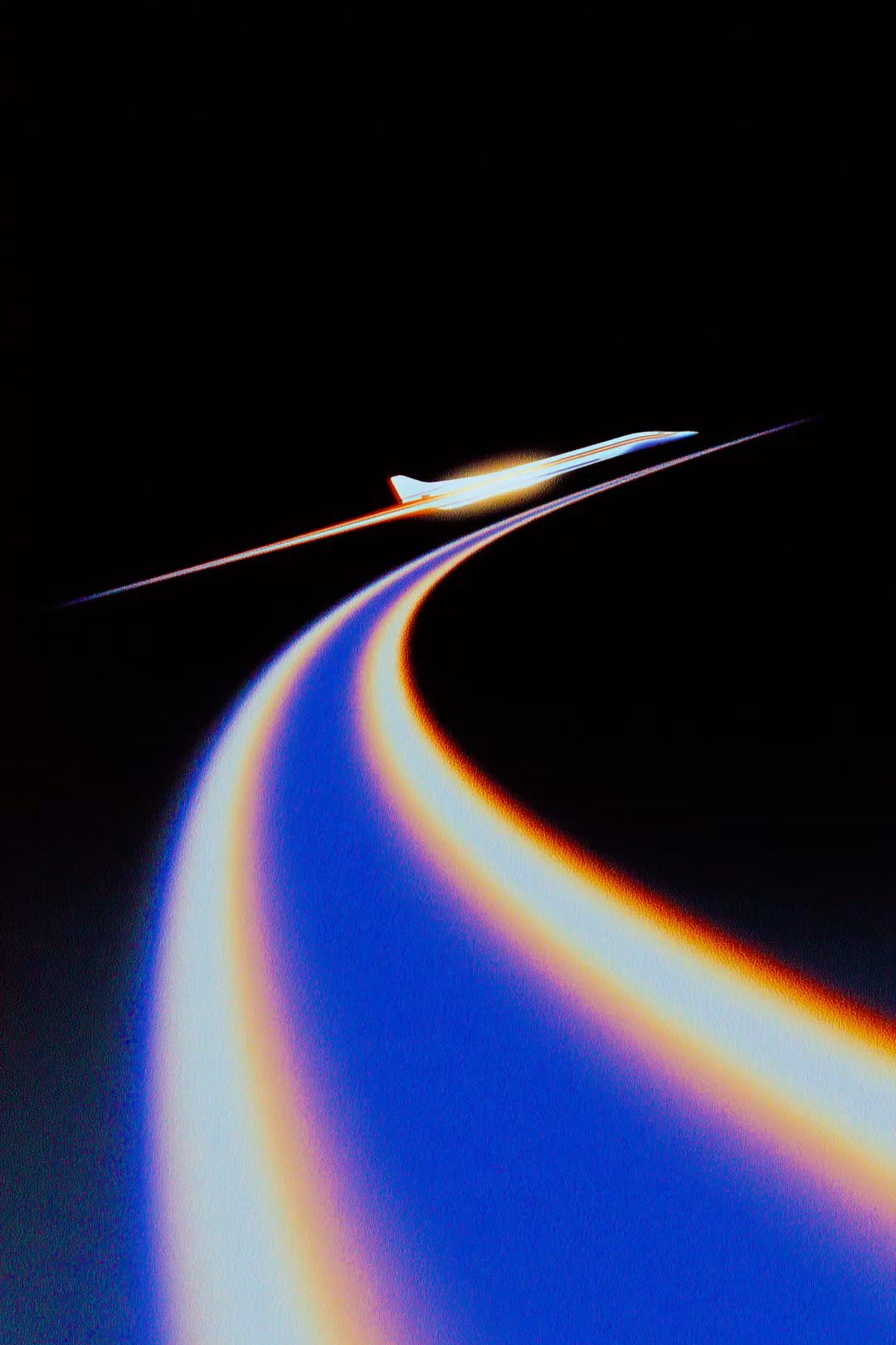 Jet poster with blue and orange flight trail on black background