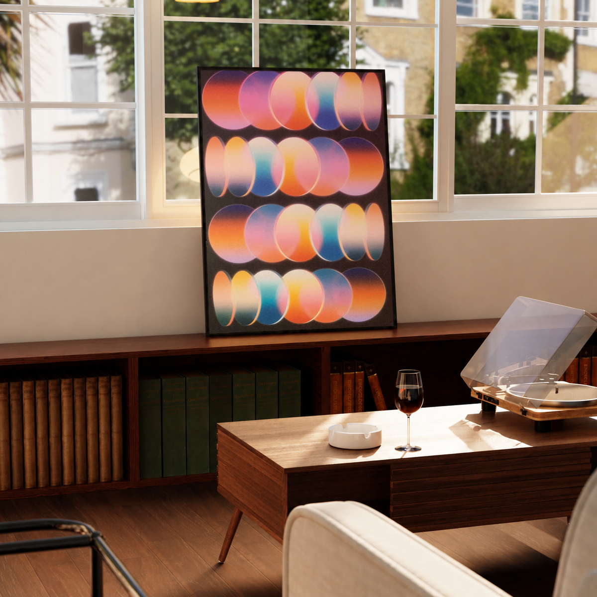 Gradient oval poster with warm purple orange circles on dark background