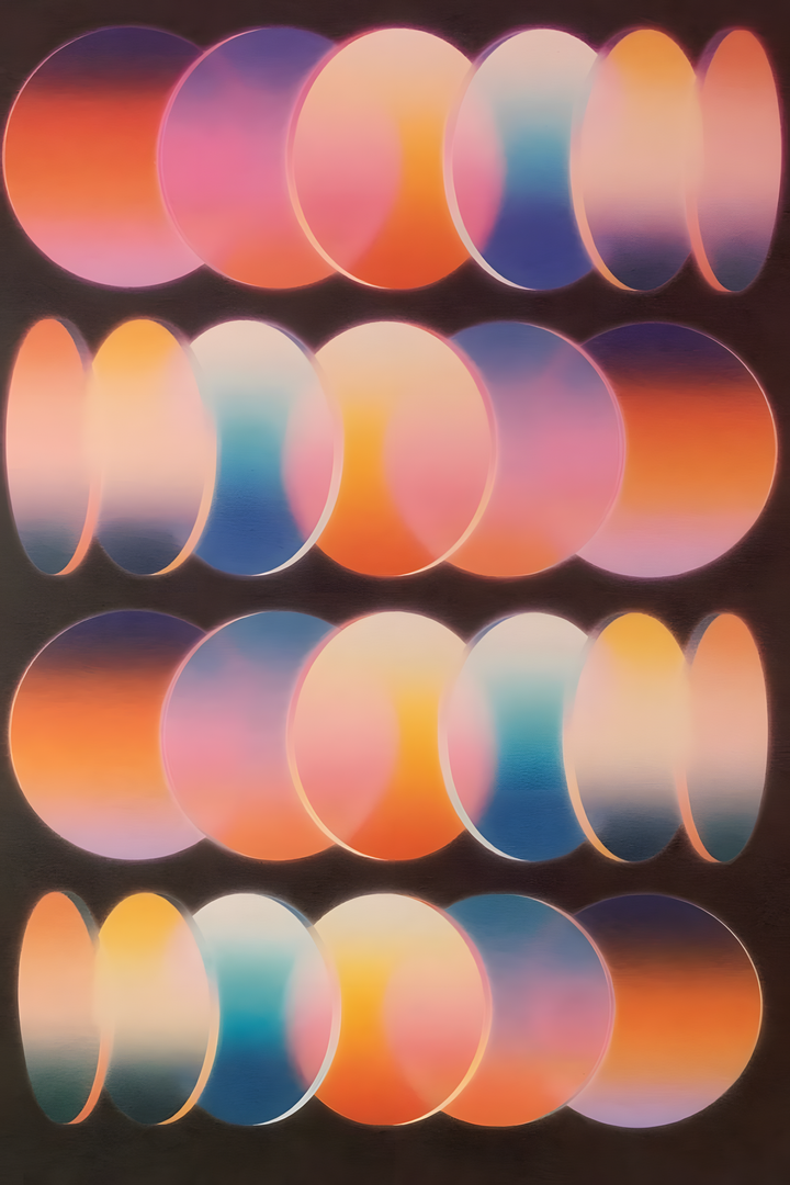 Rows of overlapping graduated oval shapes in orange, peach, pink.