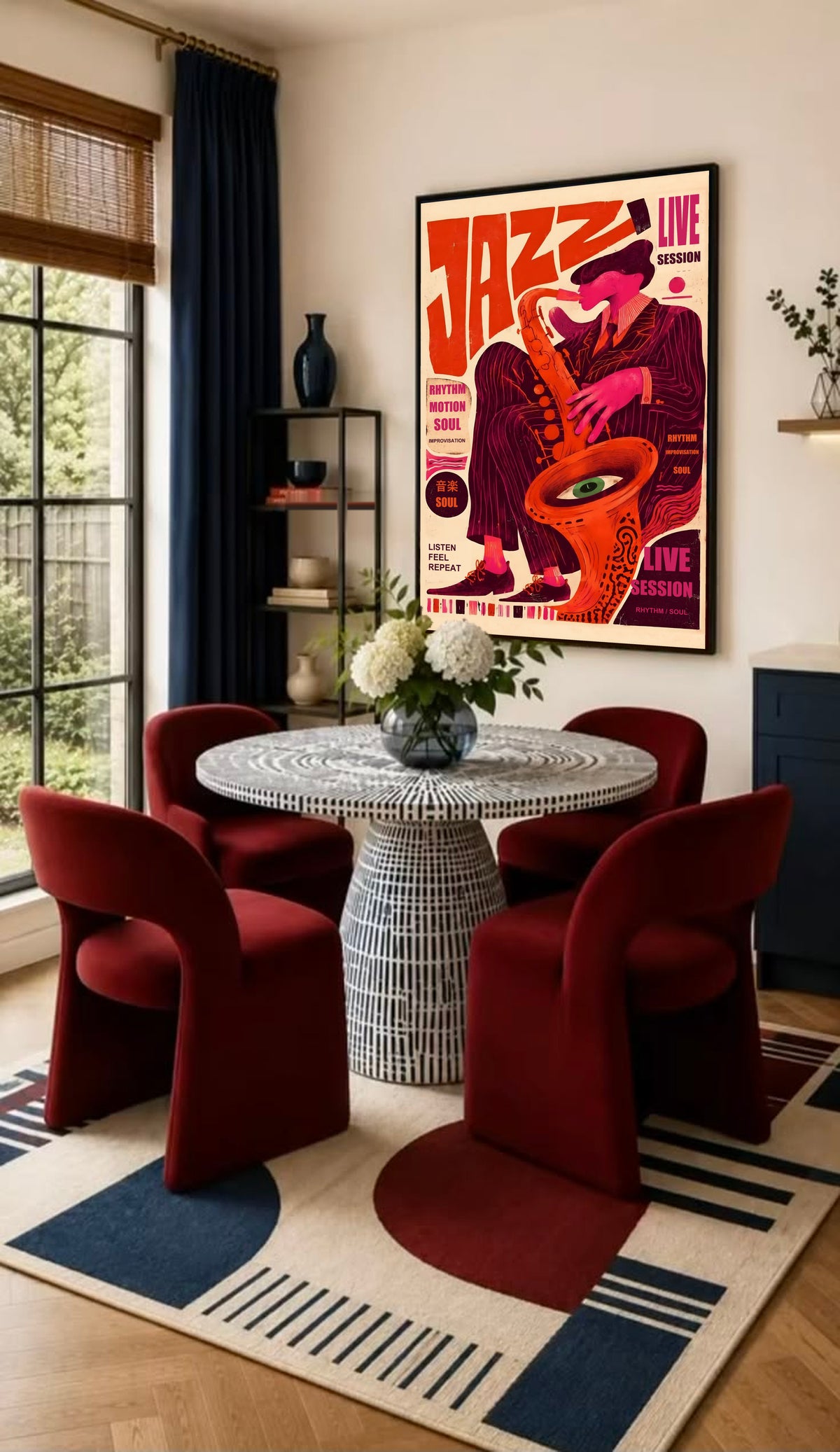 Black-framed jazz music poster with sax player and surreal eye, red and orange design