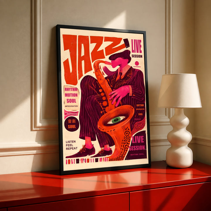 Black-framed jazz music poster with sax player and surreal eye in red and orange