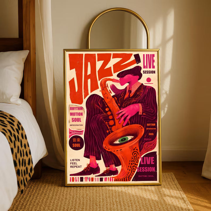 Gold-framed jazz music poster with sax player and surreal eye, red and orange artwork