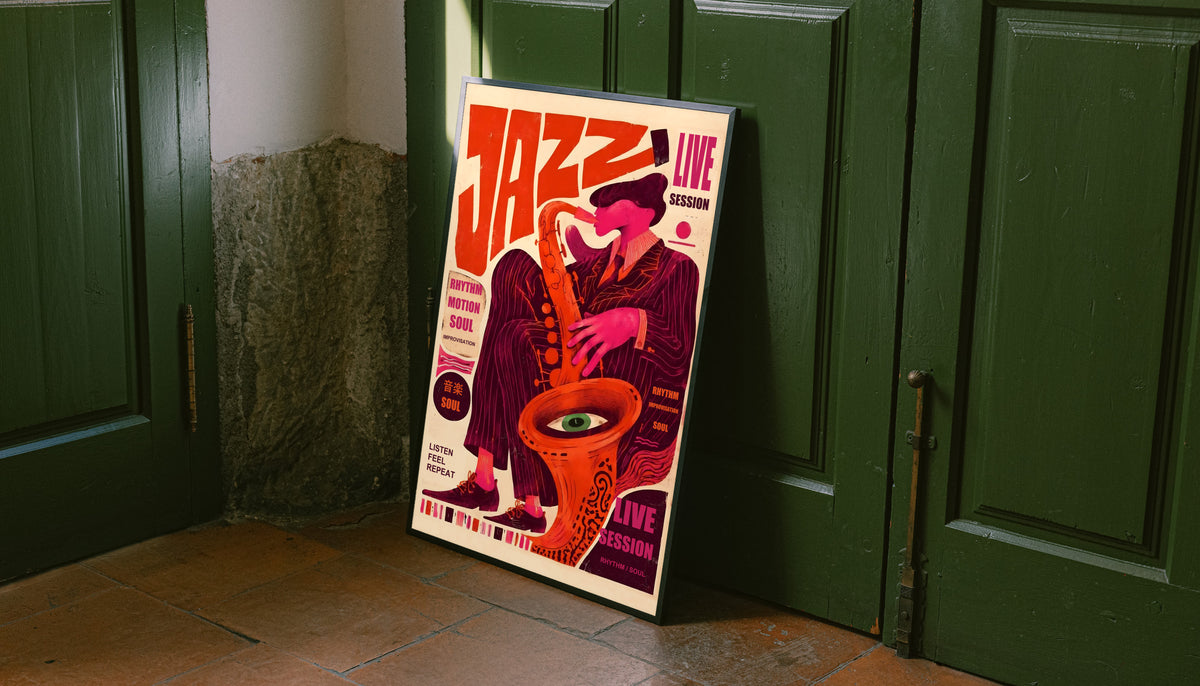 Unframed jazz music poster with sax player and surreal eye, vivid red and orange
